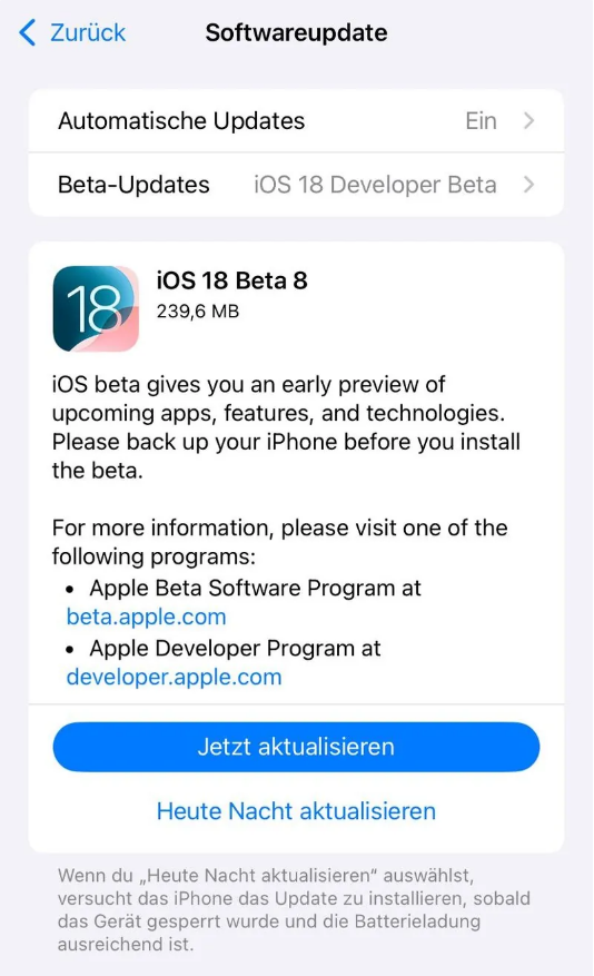 江阴苹果手机维修分享苹果 iOS / iPadOS 18 开发者预览版 Beta 8 发布 